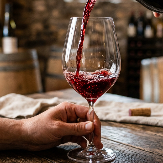 Red wine being poured from a bottle into a glass in a stone-walled cellar