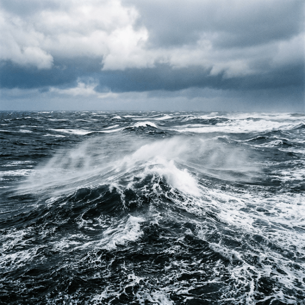 Rough ocean waves with white foam under dark, cloudy sky