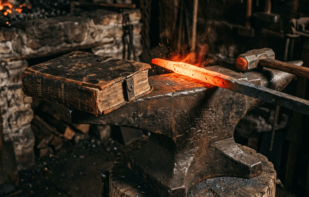 Worn Bible beside glowing metal on a blacksmith’s anvil