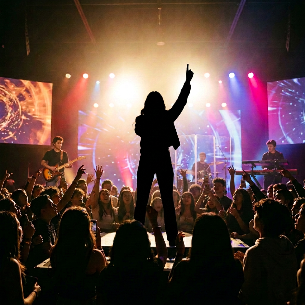Performer singing into microphone before an excited crowd
