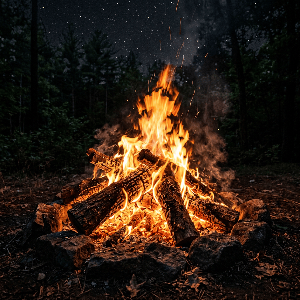 Campfire burning among forest trees beneath a starry night sky